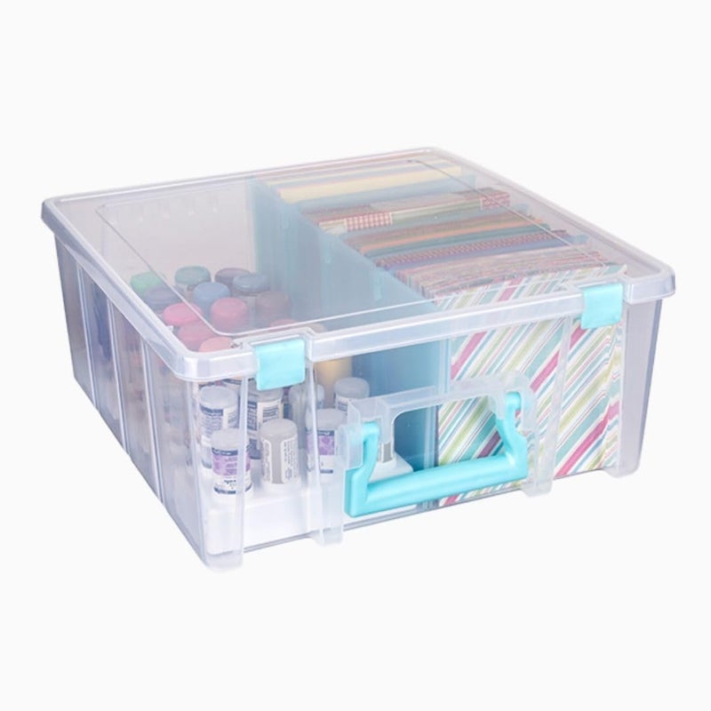 ArtBin 6990SA Super Satchel Double Deep Compartment Box - Art Storage with 8 Removable Compartments, Smart Closure for Craft Supplies (Clear & Aqua- Pack of 1) - Image 2